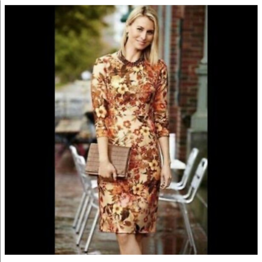 Talbots Golden Blooms Floral 3/4 sleeve Sheath Dress Career Cocktail Ret…